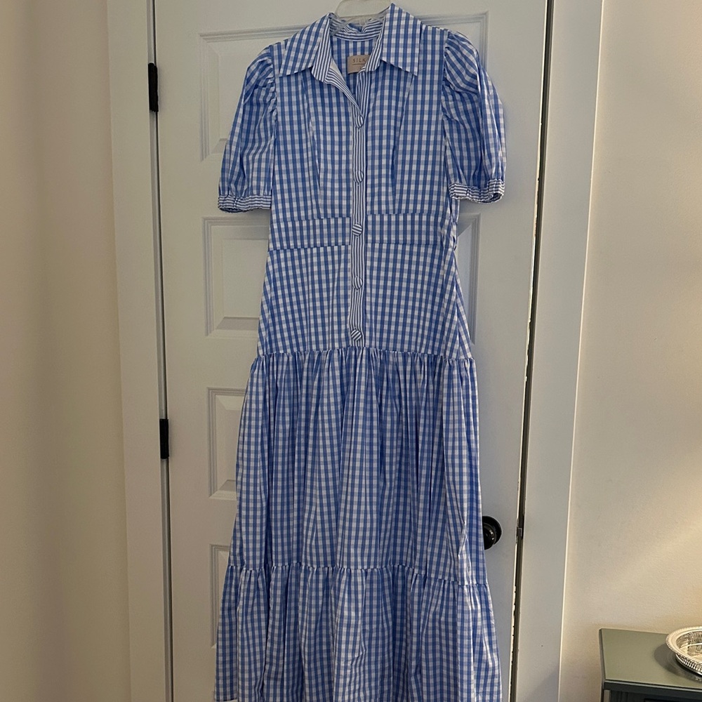 Blue Gingham Puff Sleeve Tiered Dress